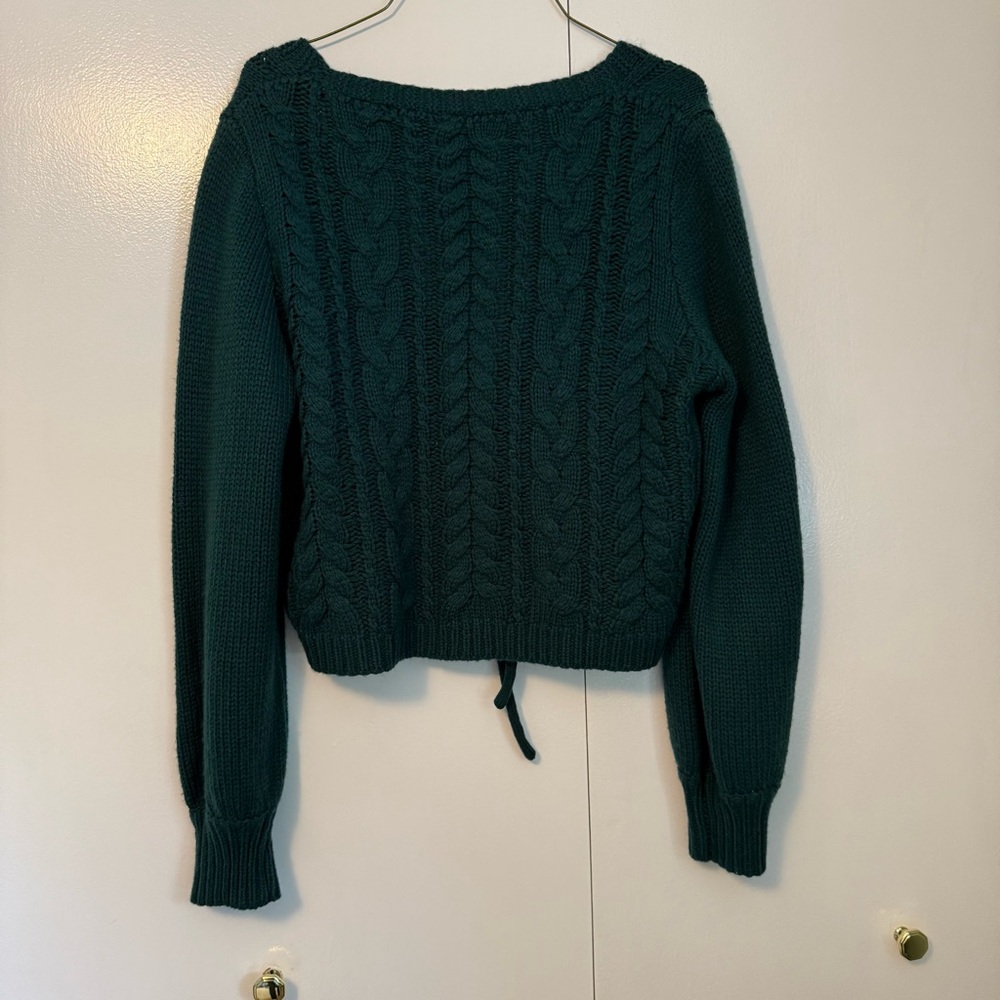 Women's Green Cable Knit Cardigan with Front Tie